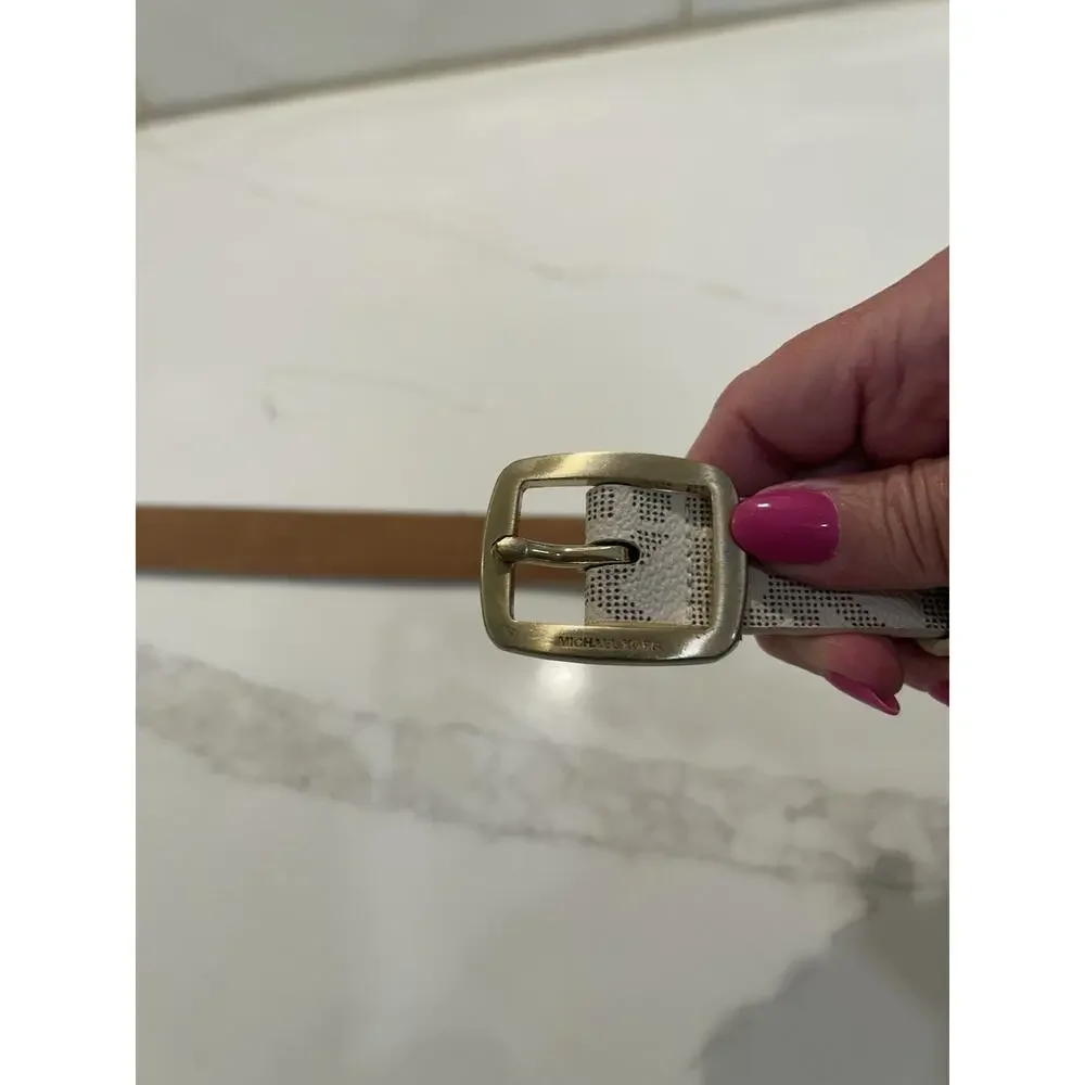 Michael Kors Belt Vanilla Mini Signature Printed MK Logo Gold Buckle 1” Sz Small